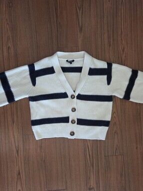 Cropped Rib-Knit Button Cardigan - White with Navy Stripes